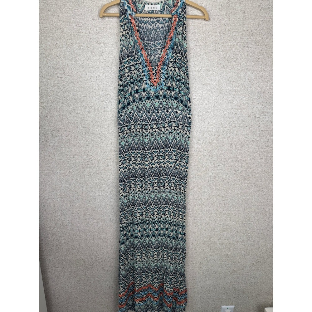 THML Boho Maxi Dress Medium Blue Tribal‎ Print Sleeveless Embroidered M